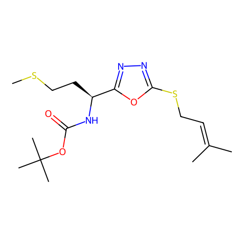 (S)-tert-butyl (1-(5-((3-methylbut-2-en-1-yl)thio)-1,3,4-oxadiazol-2-yl)-3-(methylthio)propyl)carbamate structure