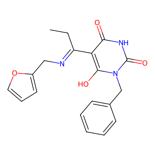 (E)-1-benzyl-5-(1-((furan-2-ylmethyl)amino)propylidene)pyrimidine-2,4,6(1H,3H,5H)-trione structure