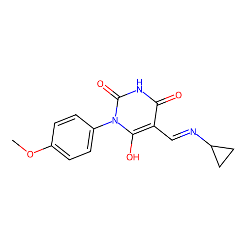 (5E)-5-[(cyclopropylamino)methylidene]-1-(4-methoxyphenyl)-1,3-diazinane-2,4,6-trione structure