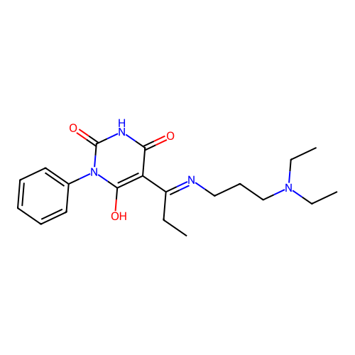 (E)-5-(1-((3-(diethylamino)propyl)amino)propylidene)-1-phenylpyrimidine-2,4,6(1H,3H,5H)-trione structure