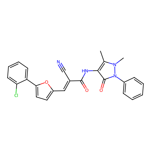 (2E)-3-[5-(2-chlorophenyl)furan-2-yl]-2-cyano-N-(1,5-dimethyl-3-oxo-2-phenyl-2,3-dihydro-1H-pyrazol-4-yl)prop-2-enamide structure