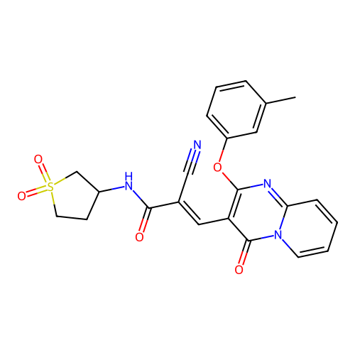 (E)-2-Cyano-N-(1,1-dioxo-tetrahydro-1lambda*6*-thiophen-3-yl)-3-(4-oxo-2-m-tolyloxy-4H-pyrido[1,2-a]pyrimidin-3-yl)-acrylamide structure