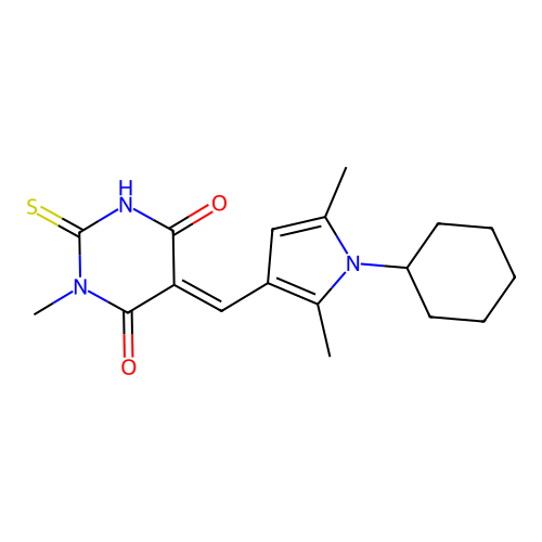 (5E)-5-[(1-cyclohexyl-2,5-dimethylpyrrol-3-yl)methylidene]-1-methyl-2-sulfanylidene-1,3-diazinane-4,6-dione structure