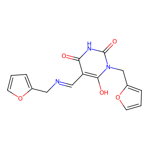(5E)-1-(2-furfuryl)-5-[(2-furfurylamino)methylene]barbituric acid structure