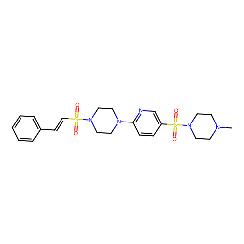1-methyl-4-[6-[4-[(E)-2-phenylethenyl]sulfonylpiperazin-1-yl]pyridin-3-yl]sulfonylpiperazine structure