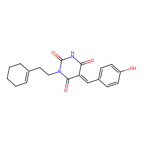 (5E)-1-[2-(cyclohex-1-en-1-yl)ethyl]-5-(4-hydroxybenzylidene)pyrimidine-2,4,6(1H,3H,5H)-trione structure