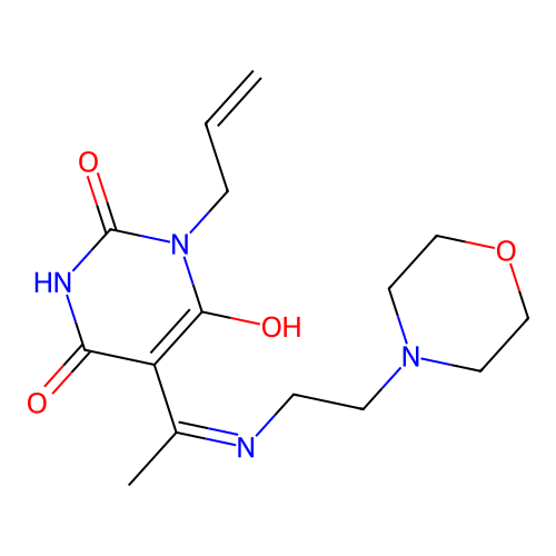 (E)-1-allyl-5-(1-((2-morpholinoethyl)amino)ethylidene)pyrimidine-2,4,6(1H,3H,5H)-trione structure