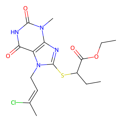 ethyl 2-[7-[(Z)-3-chlorobut-2-enyl]-3-methyl-2,6-dioxopurin-8-yl]sulfanylbutanoate structure