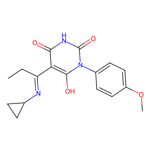 (E)-5-(1-(cyclopropylamino)propylidene)-1-(4-methoxyphenyl)pyrimidine-2,4,6(1H,3H,5H)-trione structure