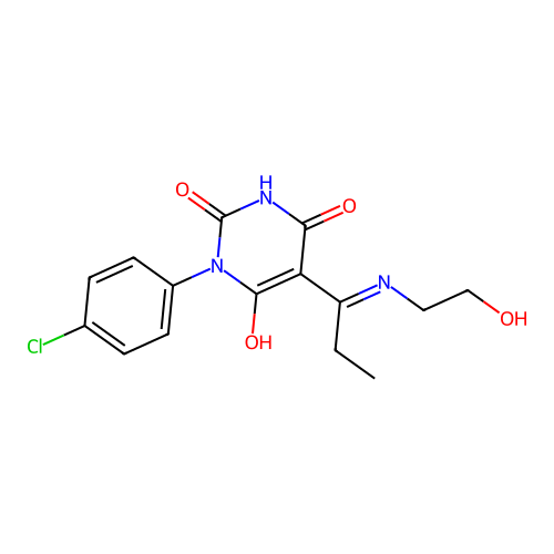 1-(4-chlorophenyl)-5-[1-(2-hydroxyethylamino)propylidene]-1,3-diazinane-2,4,6-trione structure