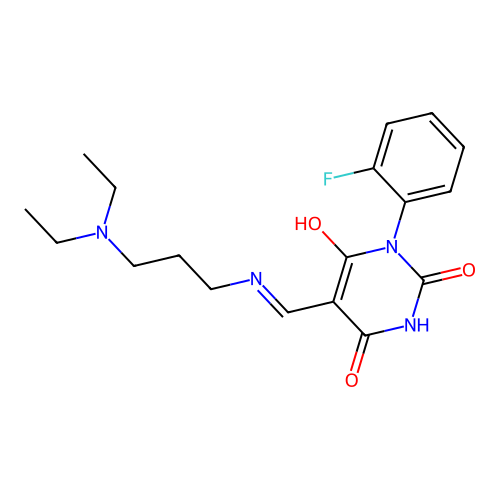 (E)-5-(((3-(diethylamino)propyl)amino)methylene)-1-(2-fluorophenyl)pyrimidine-2,4,6(1H,3H,5H)-trione structure