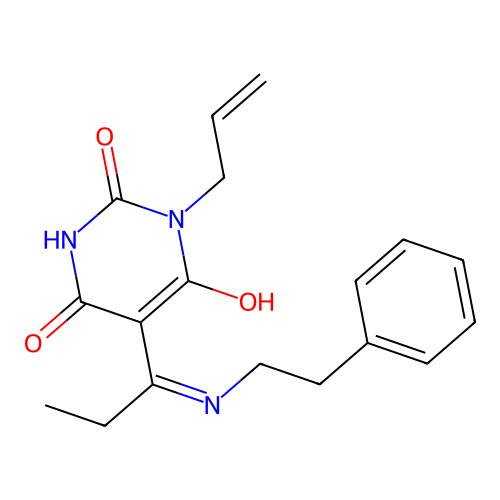 1-Allyl-5-[1-phenethylamino-prop-(E)-ylidene]-pyrimidine-2,4,6-trione structure