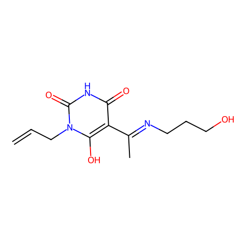 (E)-1-allyl-5-(1-((3-hydroxypropyl)amino)ethylidene)pyrimidine-2,4,6(1H,3H,5H)-trione structure