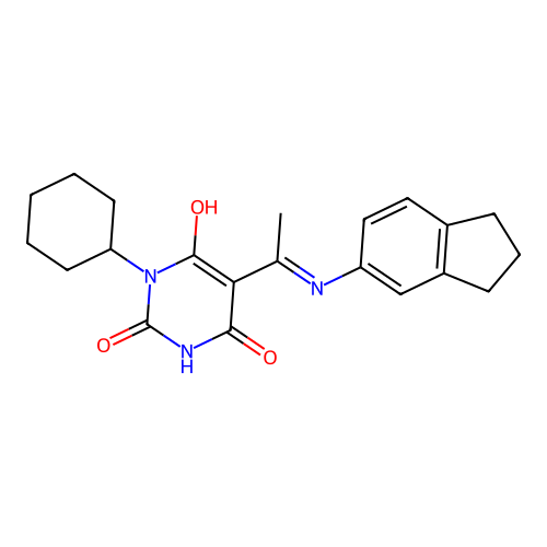 1-cyclohexyl-5-[1-(2,3-dihydro-1H-inden-5-ylamino)ethylidene]-1,3-diazinane-2,4,6-trione structure