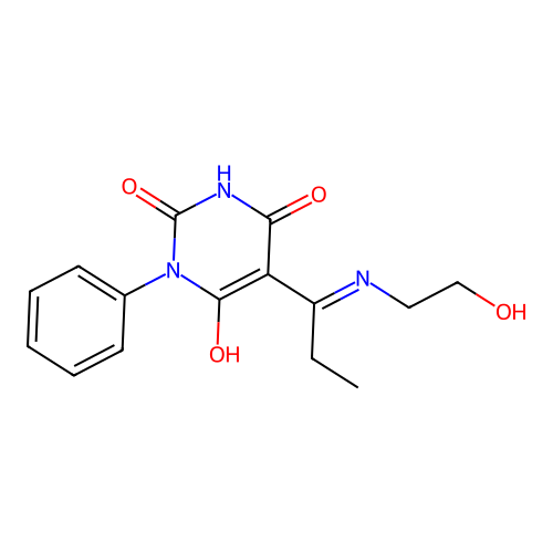 (5E)-5-[1-(2-hydroxyethylamino)propylidene]-1-phenyl-1,3-diazinane-2,4,6-trione structure