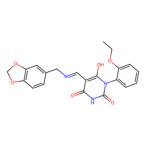 (5E)-5-[(1,3-benzodioxol-5-ylmethylamino)methylidene]-1-(2-ethoxyphenyl)-1,3-diazinane-2,4,6-trione structure