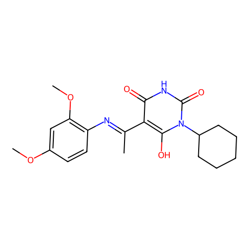 1-Cyclohexyl-5-[1-(2,4-dimethoxyanilino)ethylidene]-1,3-diazinane-2,4,6-trione structure