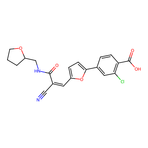 2-Chloro-4-(5-{(Z)-2-cyano-2-[(tetrahydro-furan-2-ylmethyl)-carbamoyl]-vinyl}-furan-2-yl)-benzoic acid structure