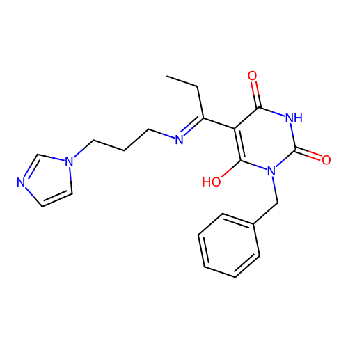 (E)-5-(1-((3-(1H-imidazol-1-yl)propyl)amino)propylidene)-1-benzylpyrimidine-2,4,6(1H,3H,5H)-trione structure
