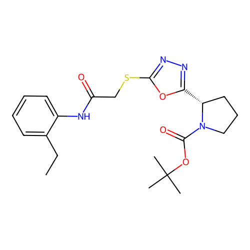 (S)-tert-butyl 2-(5-((2-((2-ethylphenyl)amino)-2-oxoethyl)thio)-1,3,4-oxadiazol-2-yl)pyrrolidine-1-carboxylate structure