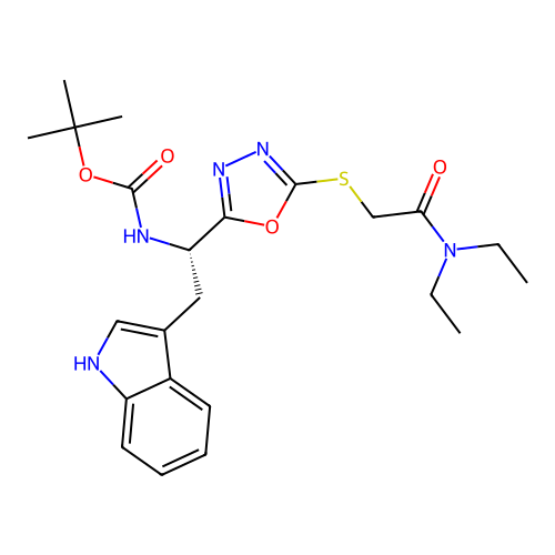 (S)-tert-butyl (1-(5-((2-(diethylamino)-2-oxoethyl)thio)-1,3,4-oxadiazol-2-yl)-2-(1H-indol-3-yl)ethyl)carbamate structure