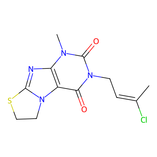 2-[(E)-3-chlorobut-2-enyl]-4-methyl-7,8-dihydropurino[8,7-b][1,3]thiazole-1,3-dione structure