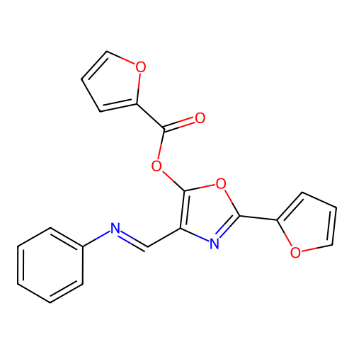 [2-(Furan-2-yl)-4-(phenyliminomethyl)-1,3-oxazol-5-yl] furan-2-carboxylate structure