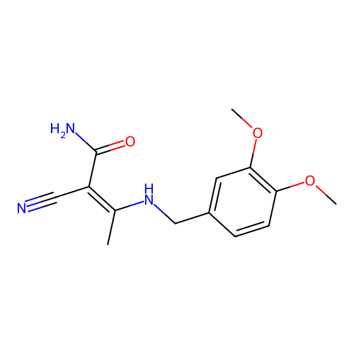 (2Z)-2-cyano-3-[(3,4-dimethoxybenzyl)amino]but-2-enamide structure