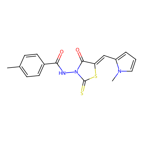 (Z)-4-methyl-N-(5-((1-methyl-1H-pyrrol-2-yl)methylene)-4-oxo-2-thioxothiazolidin-3-yl)benzamide structure