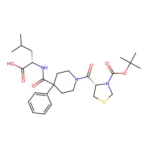 (S)-2-(1-((S)-3-(tert-butoxycarbonyl)thiazolidine-4-carbonyl)-4-phenylpiperidine-4-carboxamido)-4-methylpentanoic acid structure