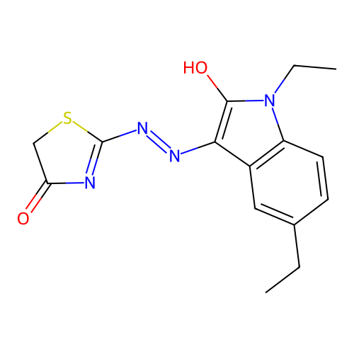 (E)-2-((Z)-(1,5-diethyl-2-oxoindolin-3-ylidene)hydrazono)thiazolidin-4-one structure