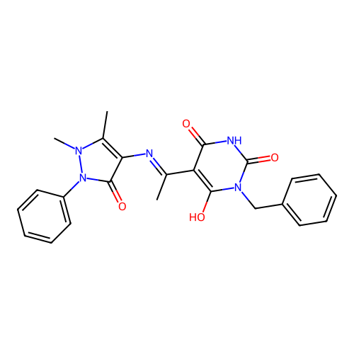 (E)-1-benzyl-5-(1-((1,5-dimethyl-3-oxo-2-phenyl-2,3-dihydro-1H-pyrazol-4-yl)amino)ethylidene)pyrimidine-2,4,6(1H,3H,5H)-trione structure