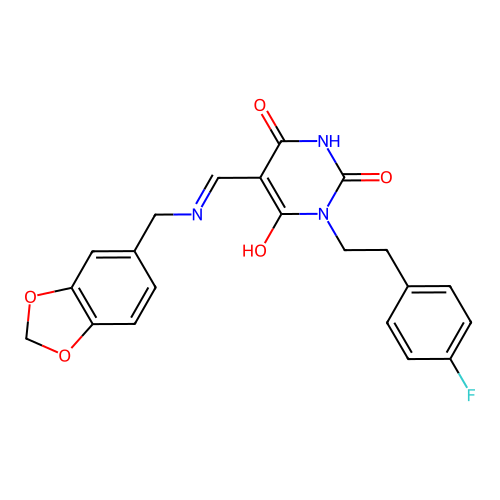 (5Z)-5-[(1,3-benzodioxol-5-ylmethylamino)methylidene]-1-[2-(4-fluorophenyl)ethyl]-1,3-diazinane-2,4,6-trione structure