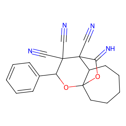 11-imino-2-phenylhexahydro-2H-9a,4-(epoxymethano)cyclohepta[b]pyran-3,3,4-tricarbonitrile structure