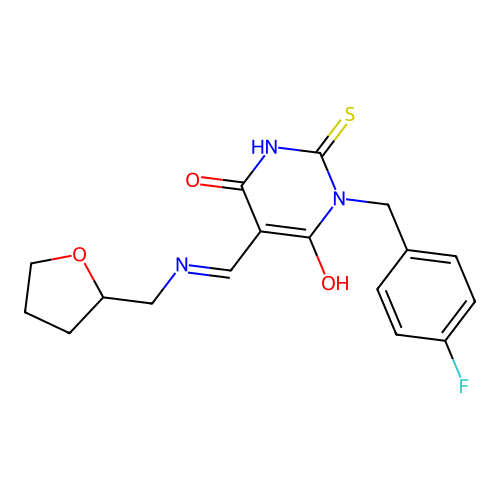 (5E)-1-(4-fluorobenzyl)-2-sulfanyl-5-{[(tetrahydrofuran-2-ylmethyl)amino]methylidene}pyrimidine-4,6(1H,5H)-dione structure