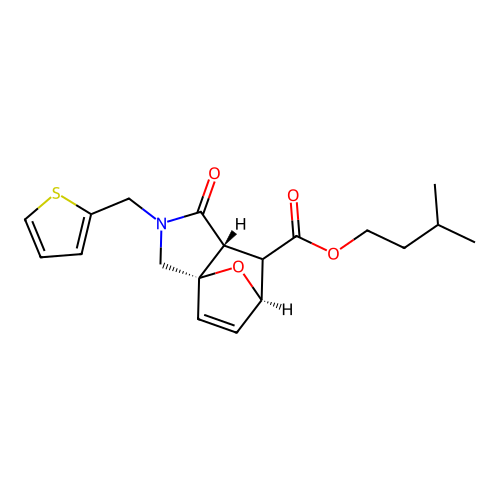 3-Methylbutyl (1S,5R,7R)-4-oxo-3-(thiophen-2-ylmethyl)-10-oxa-3-azatricyclo[5.2.1.01,5]dec-8-ene-6-carboxylate structure