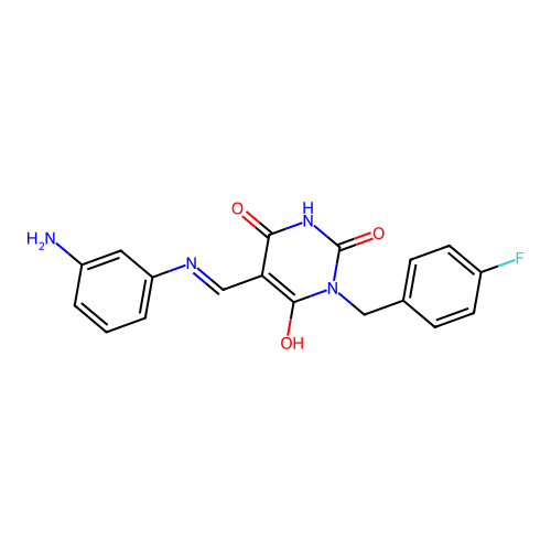 (E)-5-(((3-aminophenyl)amino)methylene)-1-(4-fluorobenzyl)pyrimidine-2,4,6(1H,3H,5H)-trione structure