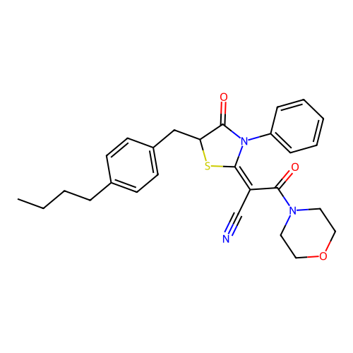 (2E)-2-[5-(4-butylbenzyl)-4-oxo-3-phenyl-1,3-thiazolidin-2-ylidene]-3-(morpholin-4-yl)-3-oxopropanenitrile structure