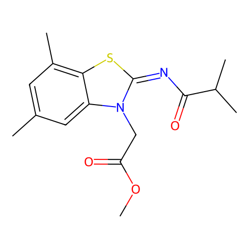 (Z)-methyl 2-(2-(isobutyrylimino)-5,7-dimethylbenzo[d]thiazol-3(2H)-yl)acetate structure