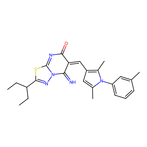 (6E)-6-[[2,5-dimethyl-1-(3-methylphenyl)pyrrol-3-yl]methylidene]-5-imino-2-pentan-3-yl-[1,3,4]thiadiazolo[3,2-a]pyrimidin-7-one structure