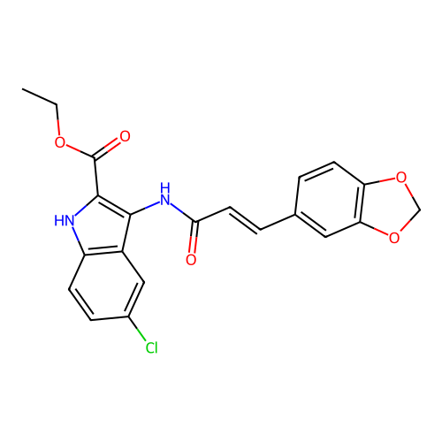 (E)-ethyl 3-(3-(benzo[d][1,3]dioxol-5-yl)acrylamido)-5-chloro-1H-indole-2-carboxylate structure