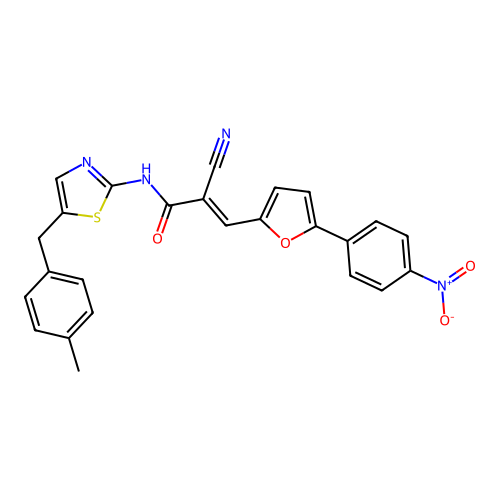 (E)-2-Cyano-N-[5-(4-methyl-benzyl)-thiazol-2-yl]-3-[5-(4-nitro-phenyl)-furan-2-yl]-acrylamide structure
