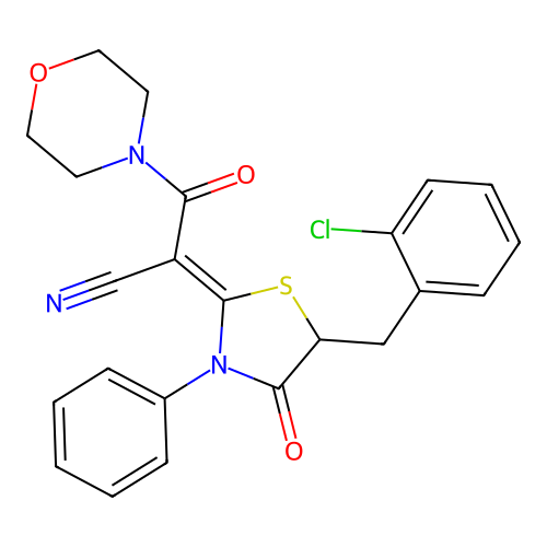 (Z)-2-(5-(2-chlorobenzyl)-4-oxo-3-phenylthiazolidin-2-ylidene)-3-morpholino-3-oxopropanenitrile structure