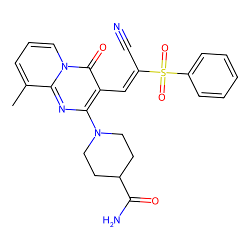 (E)-1-(3-(2-cyano-2-(phenylsulfonyl)vinyl)-9-methyl-4-oxo-4H-pyrido[1,2-a]pyrimidin-2-yl)piperidine-4-carboxamide structure