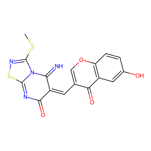 (6E)-6-[(6-hydroxy-4-oxochromen-3-yl)methylidene]-5-imino-3-methylsulfanyl-[1,2,4]thiadiazolo[4,5-a]pyrimidin-7-one structure