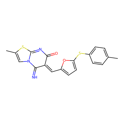 (6Z)-5-imino-2-methyl-6-({5-[(4-methylphenyl)sulfanyl]furan-2-yl}methylidene)-5,6-dihydro-7H-[1,3]thiazolo[3,2-a]pyrimidin-7-one structure