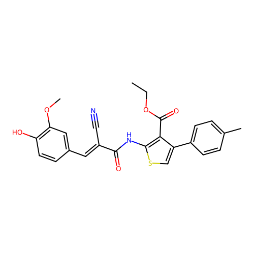 2-[(E)-2-Cyano-3-(4-hydroxy-3-methoxy-phenyl)-acryloylamino]-4-p-tolyl-thiophene-3-carboxylic acid ethyl ester structure