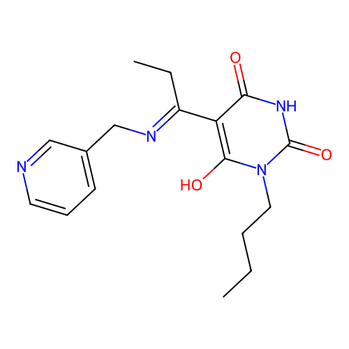 (5E)-1-butyl-5-[1-(pyridin-3-ylmethylamino)propylidene]-1,3-diazinane-2,4,6-trione structure