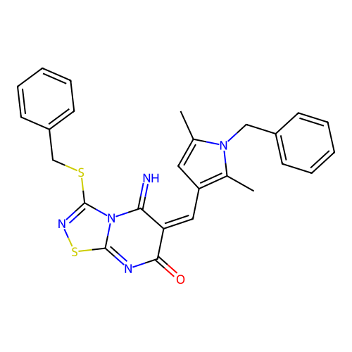 (E)-6-((1-benzyl-2,5-dimethyl-1H-pyrrol-3-yl)methylene)-3-(benzylthio)-5-imino-5H-[1,2,4]thiadiazolo[4,5-a]pyrimidin-7(6H)-one structure