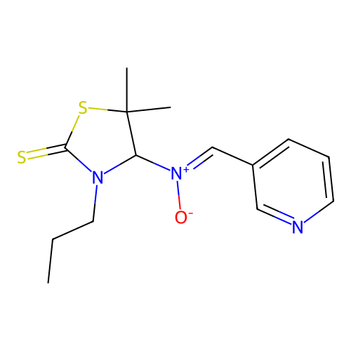(Z)-5,5-dimethyl-3-propyl-N-(pyridin-3-ylmethylene)-2-thioxothiazolidin-4-amine oxide structure